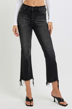 Load image into Gallery viewer, RISEN Raw Hem Cropped Flared Leg Black Washed Denim Jeans