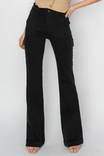Load image into Gallery viewer, Risen Side Slit Cargo Black Denim Bootcut Jeans