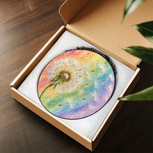 Carica l'immagine nel visualizzatore di Gallery, Wish Come True dandelion stained glass-style suncatcher presented in an open gift box, featuring white dandelion seeds and pastel rainbow artwork.