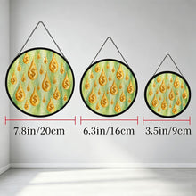 Load image into Gallery viewer, Three Make It Rain glass suncatchers hanging side by side in different sizes, each featuring golden dollar-sign raindrops.