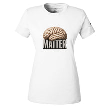 Carregar imagem no visualizador da galeria, A white short-sleeve crewneck t-shirt featuring a graphic of a realistic beige brain above the word 'MATTER' in bold black letters, shown on a plain white background.