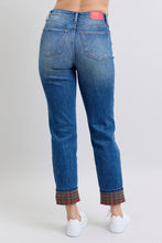 Load image into Gallery viewer, Judy Blue Plaid Cuffed Blue Denim Straight Leg Jeans