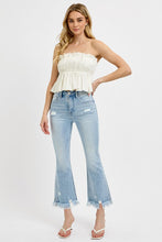 Load image into Gallery viewer, RISEN Raw Hem Distressed Light Blue Cropped Flared Leg Jeans