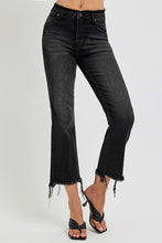 Load image into Gallery viewer, RISEN Raw Hem Cropped Flared Leg Black Washed Denim Jeans