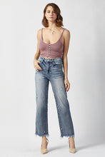 Load image into Gallery viewer, RISEN High Waisted Fringe Raw Hem Blue Denim Straight Leg Jeans