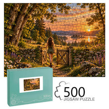 Carica l'immagine nel visualizzatore di Gallery, READY 500 piece wooden jigsaw puzzle featuring a woman walking through an open gate toward a glowing lake at sunset with wildflowers, deer, and a rabbit.