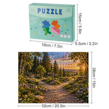 Load image into Gallery viewer, TURNING POINT 500 piece wooden jigsaw puzzle featuring a KNOWN and UNKNOWN signpost at a forked forest path with wildflowers and sunset mountains.