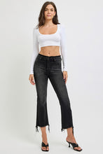 Load image into Gallery viewer, RISEN Raw Hem Cropped Flared Leg Black Washed Denim Jeans