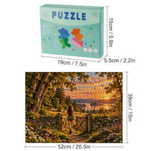 Carica l'immagine nel visualizzatore di Gallery, READY 500 piece wooden jigsaw puzzle featuring a woman walking through an open gate toward a glowing lake at sunset with wildflowers, deer, and a rabbit.