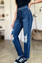 Load image into Gallery viewer, Judy Blue High Waist Destroyed Dark Blue Denim Straight Leg Jeans