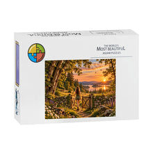 Load image into Gallery viewer, READY 500 piece puzzle featuring a woman walking through an open gate toward a glowing landscape with wildflowers, trees, deer, a rabbit, and birds.