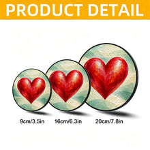 Load image into Gallery viewer, Follow Your Heart suncatcher product detail graphic comparing three sizes of the red heart glass window decoration.