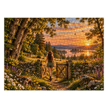 Carica l'immagine nel visualizzatore di Gallery, READY 500 piece wooden jigsaw puzzle featuring a woman walking through an open gate toward a glowing lake at sunset with wildflowers, deer, and a rabbit.