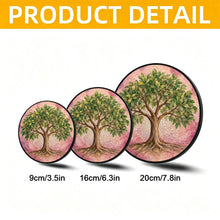 Load image into Gallery viewer, Rooted in Abundance Tree of Life stained glass suncatcher size comparison graphic showing three diameters of the botanical window hanging.