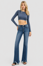 Load image into Gallery viewer, RISEN Mid Rise Chewed Frayed Hem Flared Leg Jeans