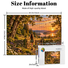 Load image into Gallery viewer, READY 500 piece puzzle featuring a woman walking through an open gate toward a glowing landscape with wildflowers, trees, deer, a rabbit, and birds.
