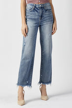Load image into Gallery viewer, RISEN High Waisted Fringe Raw Hem Blue Denim Straight Leg Jeans
