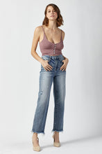 Load image into Gallery viewer, RISEN High Waisted Fringe Raw Hem Blue Denim Straight Leg Jeans
