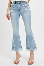Load image into Gallery viewer, RISEN Raw Hem Distressed Light Blue Cropped Flared Leg Jeans