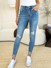 Load image into Gallery viewer, Judy Blue Mid Rise Distressed Cuffed Blue Denim Skinny Jeans
