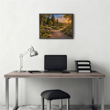 Load image into Gallery viewer, TURNING POINT 500 piece wooden jigsaw puzzle featuring a KNOWN and UNKNOWN signpost at a forked forest path with wildflowers and sunset mountains.