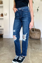 Load image into Gallery viewer, Judy Blue High Waist Destroyed Dark Blue Denim Straight Leg Jeans