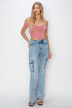 Load image into Gallery viewer, RISEN Blue Denim Cargo Flared Leg Jeans