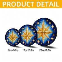 Ladda upp bild till gallerivisning, Written in the Stars glass suncatcher size comparison graphic showing three round window hangings with golden star artwork in different diameters.
