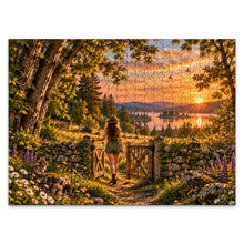 Load image into Gallery viewer, READY 500 piece puzzle featuring a woman walking through an open gate toward a glowing landscape with wildflowers, trees, deer, a rabbit, and birds.
