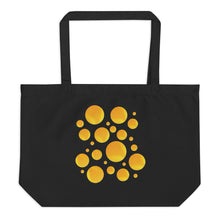 Cargar imagen en el visor de la galería, Solar Pop premium oversized black organic cotton tote bag featuring original golden yellow and orange abstract circle artwork in varying sizes by Little Yellow Bungalow.
