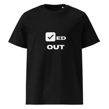 Load image into Gallery viewer, CHECKED OUT organic cotton graphic tee with CHECKED inside a checkbox and OUT positioned outside the box.