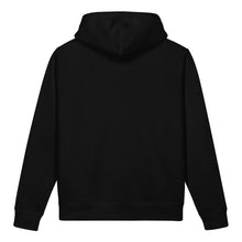 Load image into Gallery viewer, Black women’s organic cotton side pocket hoodie sweatshirt with white upward arrow and black SUP? graphic by Little Yellow Bungalow.