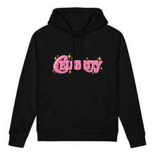 Carica l'immagine nel visualizzatore di Gallery, Front view of black women's organic cotton blend side pocket hoodie with pink Celebrity lettering and decorative stars.