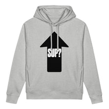 Load image into Gallery viewer, Gray women’s organic cotton side pocket hoodie sweatshirt with black upward arrow and white SUP? graphic by Little Yellow Bungalow.