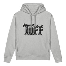 Ladda upp bild till gallerivisning, TUFF women's organic cotton blend side pocket hoodie sweatshirt in gray, featuring original gothic lettering with black and charcoal gray painted brushstroke details.