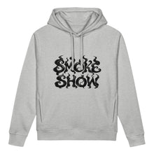 Load image into Gallery viewer, Front view of Light Gray SMOKE SHOW women's organic hoodie featuring black and charcoal smoke typography.