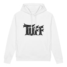 Ladda upp bild till gallerivisning, TUFF women's organic cotton blend side pocket hoodie sweatshirt in white, featuring striking black gothic typography with dark charcoal gray artistic brushwork.