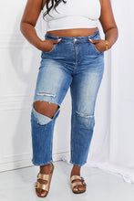 Cargar imagen en el visor de la galería, RISEN Emily High Rise Destroyed Straight Leg Relaxed Fit Cropped Blue Denim Jeans