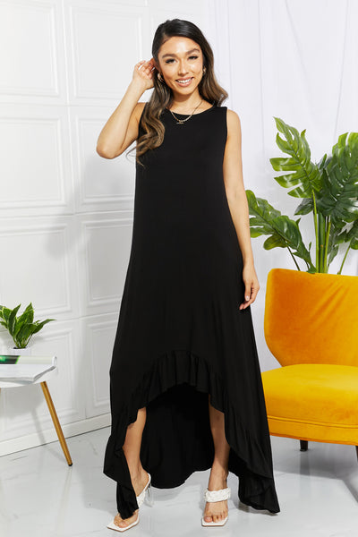 Heimish "So Tempting" Solid Black Sleeveless High Low Ruffled Maxi Dress