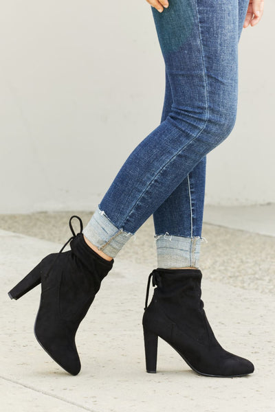 Legend Solid Black Drawstring Back High Heeled Ankle Boots