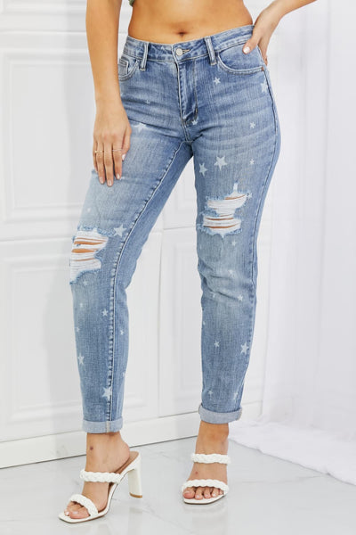 FASHIONISTAS FAVORITE! Judy Blue "Sarah" Star Pattern High Waisted Distressed Blue Denim Boyfriend Jeans