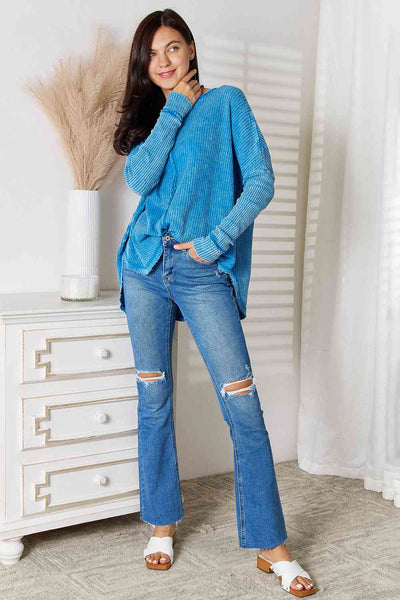 TOP SELLER! Zenana "Faith" Blue Mineral Washed Exposed Seam Relaxed Waffle Knit Top