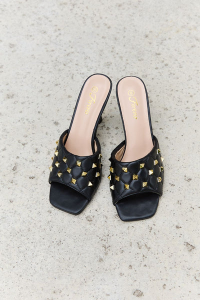 TOP SELLER! Forever Link "Expect It" Solid Black Gold Studded Square Toe Quilted Heeled Mules