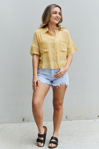 FASHION INFLUENCERS FAVORITE HYFVE "Chill Mode" Pastel Yellow Button Down High Low Top