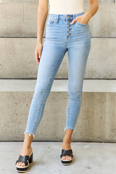 TOP SELLER! Judy Blue "Keeley" High Rise Button Fly Distressed Hem Blue Denim Skinny Jeans