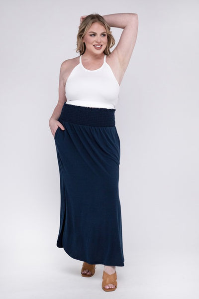 5 STAR COMFORT & STYLE Zenana Plus Size Smocked Waist Curved Side Slit Skirt