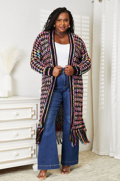 5 STAR FABULOUS Double Take "Willow" Multicolor Fringe Hem Open Front Longline Cardigan