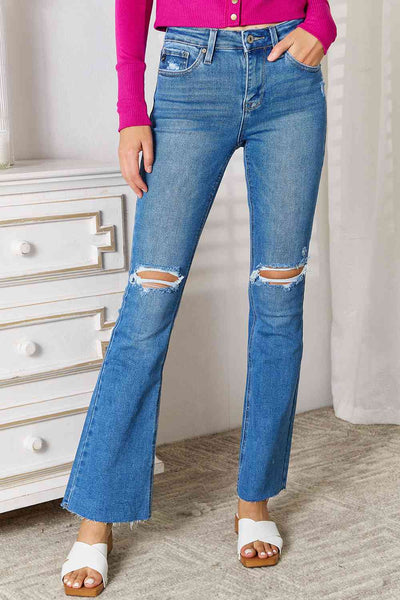 TOP SELLER! Kancan "Jolie" High Waisted Distressed Raw Hem Blue Denim Bootcut Jeans