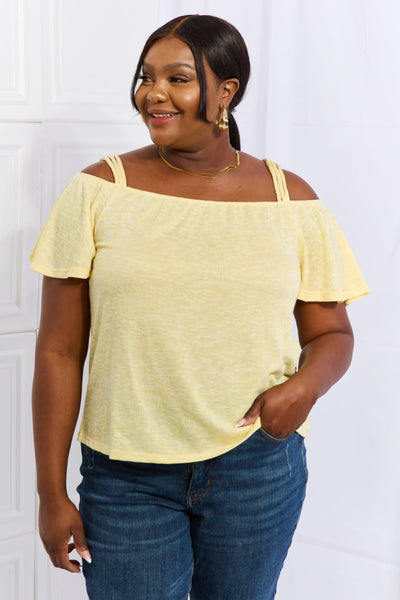 5 STAR FABULOUS Culture Code "On The Move" Sand Yellow Off The Shoulder Flutter Sleeve Top