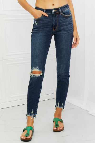 5 STAR STYLE! Judy Blue "Melaney" Mid Rise Distressed Chewed Raw Hem Blue Denim Skinny Jeans